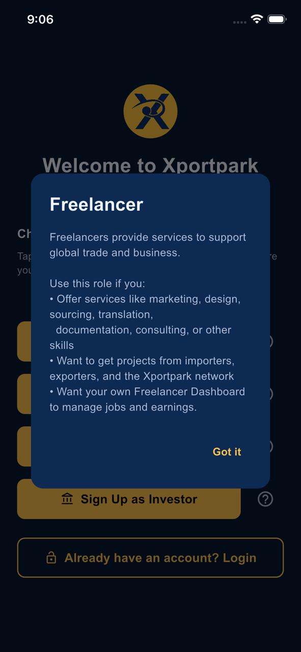 Xportpark — Freelancer Signup