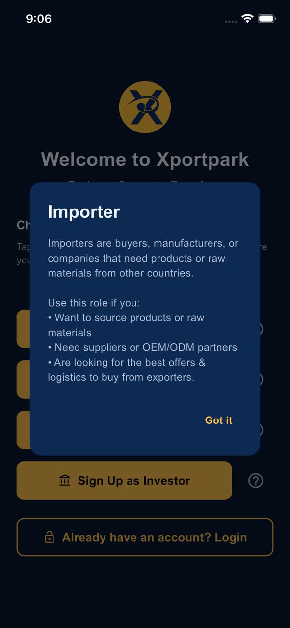 Xportpark — Importer Signup